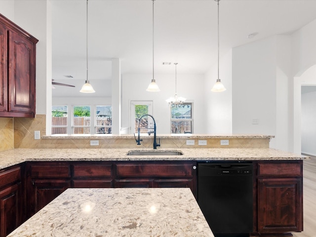 6813 Falconer Way, Fort Worth, TX 76179 - kitchen featuring dishwasher, a sink, decorative backsplash, light stone countertops, and a chandelier