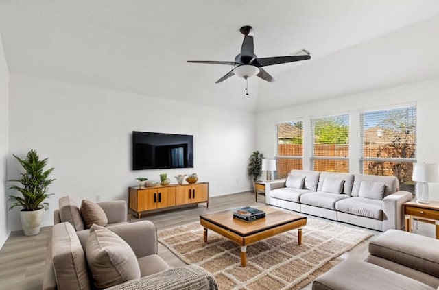 6813 Falconer Way, Fort Worth, TX 76179 - living area featuring light wood-style floors, a ceiling fan, and vaulted ceiling