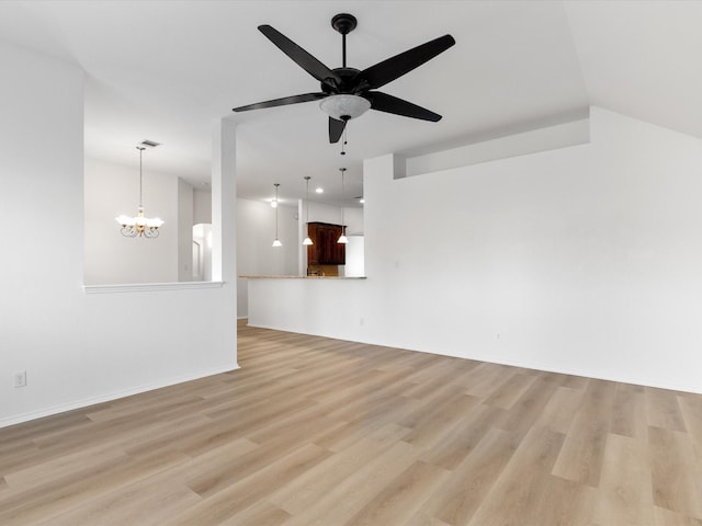 6813 Falconer Way, Fort Worth, TX 76179 - unfurnished living room featuring light wood finished floors, a chandelier, ceiling fan, and baseboards