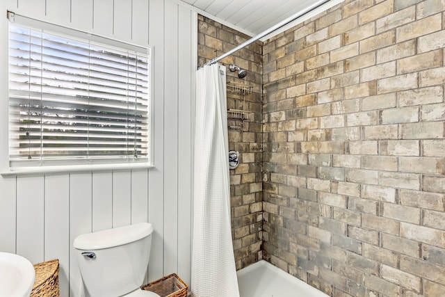 bathroom featuring a bathing tub, toilet, and a shower with shower curtain