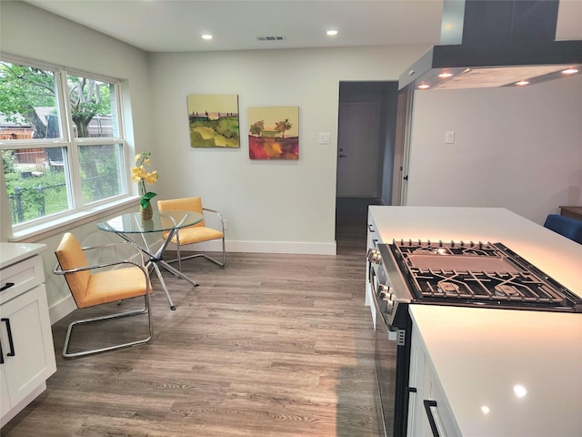 5515 Enchanted Ln, Dallas, TX 75227 - kitchen featuring stainless steel gas stove, extractor fan, white cabinets, baseboards, and light wood-style flooring