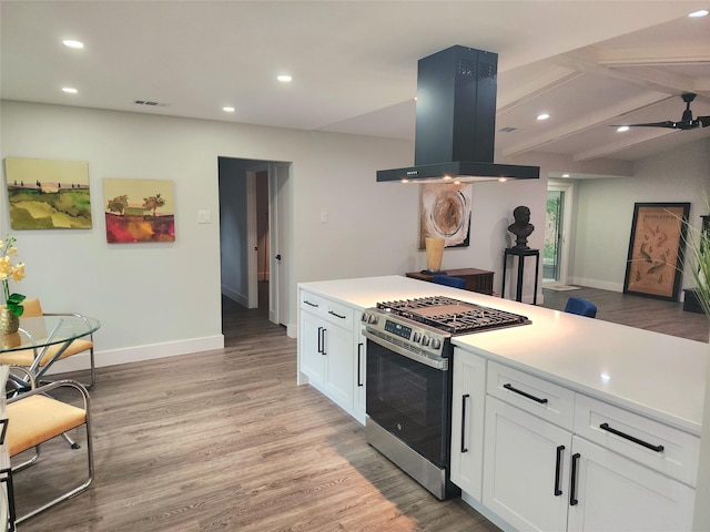 5515 Enchanted Ln, Dallas, TX 75227 - kitchen featuring gas stove, island range hood, baseboards, recessed lighting, and light wood-style flooring