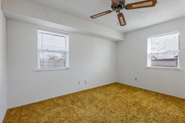 spare room featuring carpet floors, ceiling fan, and a textured ceiling