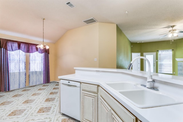 3012 Silent Creek Trl, Fort Worth, TX 76053 - kitchen featuring dishwasher, a sink, light countertops, hanging light fixtures, and vaulted ceiling