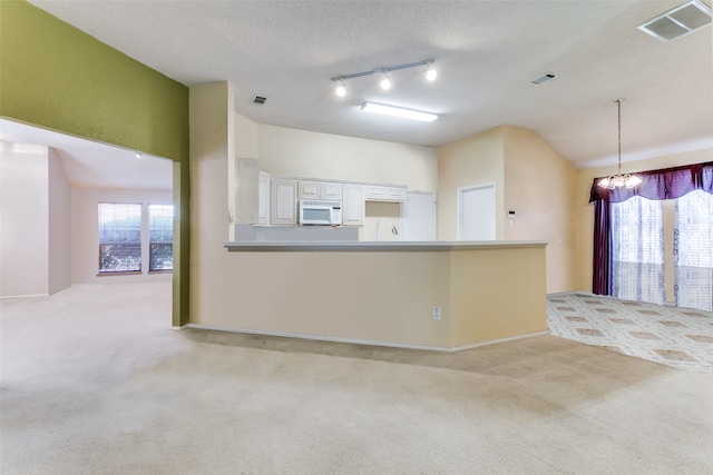 3012 Silent Creek Trl, Fort Worth, TX 76053 - kitchen with light carpet, a sink, white microwave, and white cabinetry