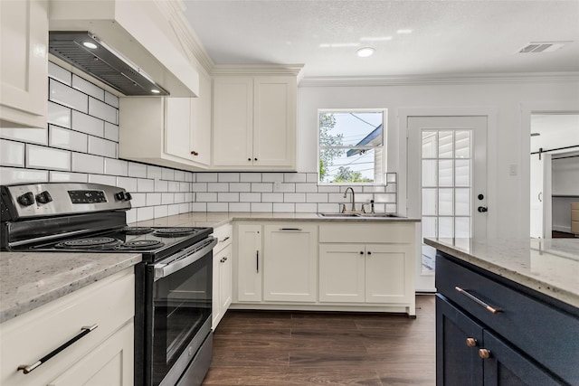 4343 Birch Dr, Mesquite, TX 75150 - kitchen featuring stainless steel electric range, exhaust hood, crown molding, dark wood-type flooring, and white cabinetry