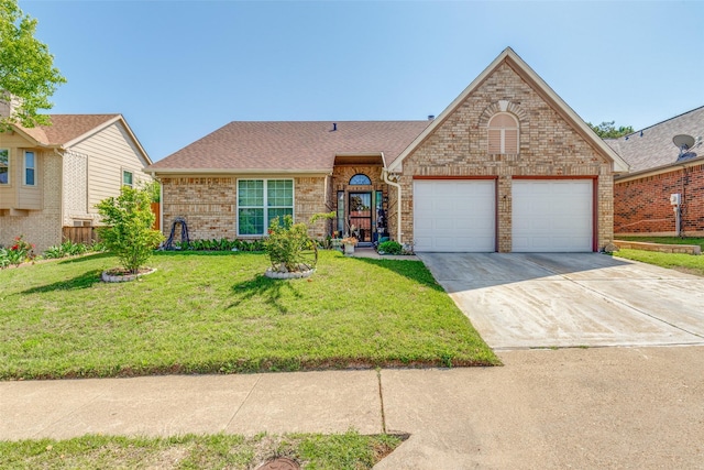 6724 Mountain Cedar Ln, Dallas, TX 75236 - ranch-style home with concrete driveway, roof with shingles, an attached garage, a front lawn, and brick siding