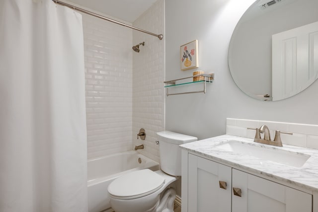 full bath with visible vents, toilet, vanity, and shower / tub combo