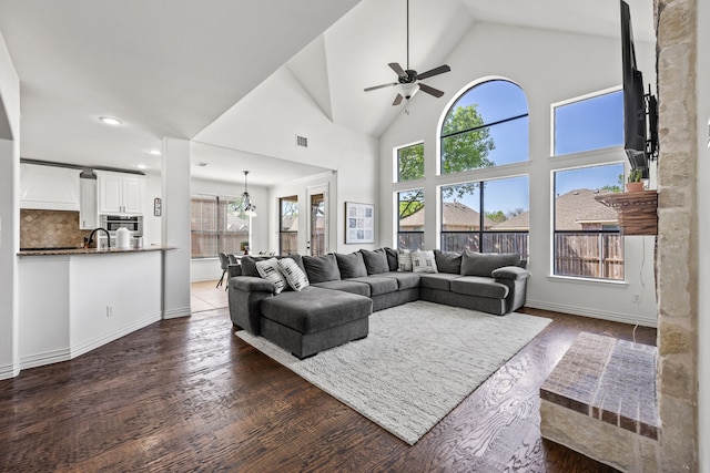 4504 Oxbow Dr, Mckinney, TX 75072 - living area featuring ceiling fan, dark wood-type flooring, high vaulted ceiling, recessed lighting, and baseboards
