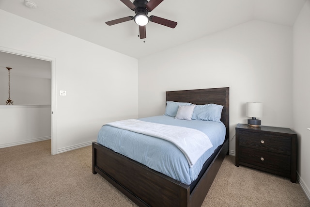 4504 Oxbow Dr, Mckinney, TX 75072 - bedroom with light colored carpet, baseboards, ceiling fan, and vaulted ceiling