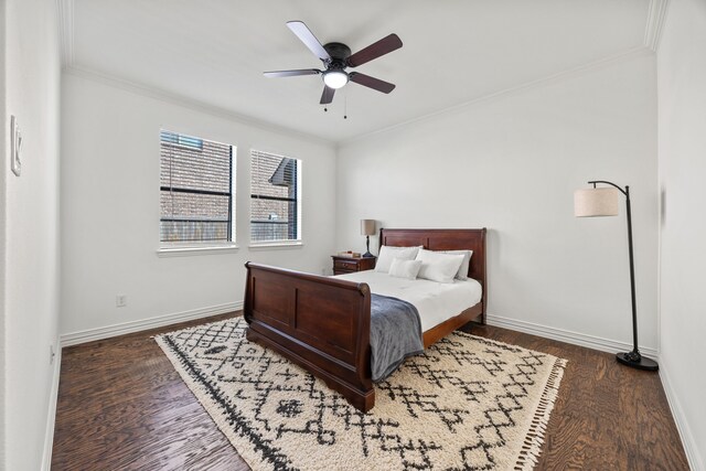 4504 Oxbow Dr, Mckinney, TX 75072 - bedroom with crown molding, baseboards, wood finished floors, and a ceiling fan