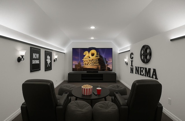 4504 Oxbow Dr, Mckinney, TX 75072 - carpeted home theater room with vaulted ceiling, baseboards, and recessed lighting