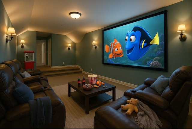 4504 Oxbow Dr, Mckinney, TX 75072 - cinema with vaulted ceiling, carpet floors, and baseboards