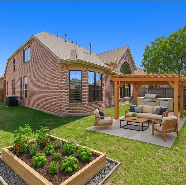 4504 Oxbow Dr, Mckinney, TX 75072 - back of house with an outdoor kitchen, an outdoor hangout area, brick siding, central AC unit, and a patio
