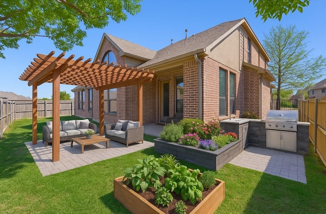 4504 Oxbow Dr, Mckinney, TX 75072 - rear view of property featuring a pergola, outdoor lounge area, area for grilling, brick siding, and a patio