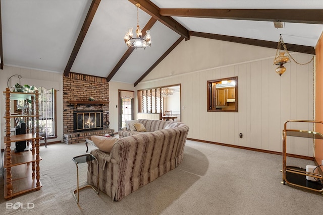6307 Bocage Dr, Shreveport, LA 71119 - carpeted living area featuring wood walls, an inviting chandelier, lofted ceiling with beams, and a fireplace
