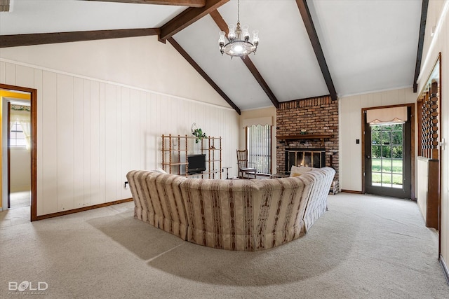 6307 Bocage Dr, Shreveport, LA 71119 - living area with a fireplace, a notable chandelier, light colored carpet, and vaulted ceiling with beams
