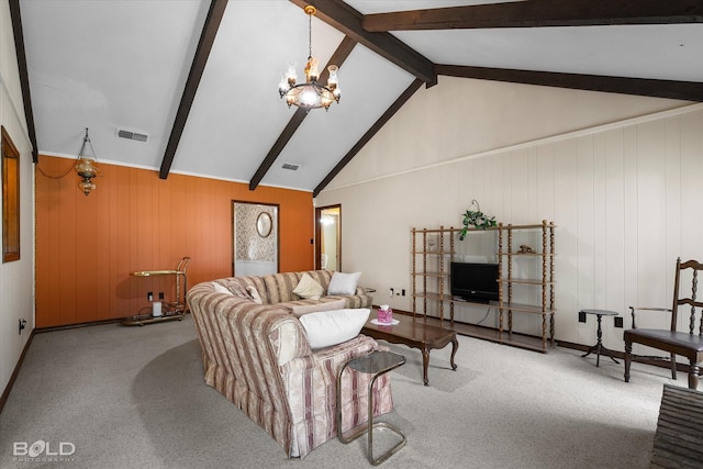 6307 Bocage Dr, Shreveport, LA 71119 - living room featuring visible vents, a chandelier, lofted ceiling with beams, and carpet floors