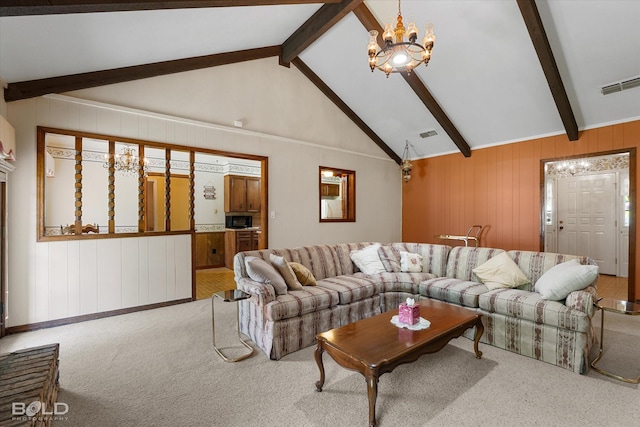 6307 Bocage Dr, Shreveport, LA 71119 - carpeted living room featuring visible vents, a chandelier, lofted ceiling with beams, and wood walls