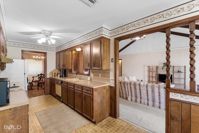 6307 Bocage Dr, Shreveport, LA 71119 - kitchen with light countertops, visible vents, dishwasher, ceiling fan with notable chandelier, and a sink