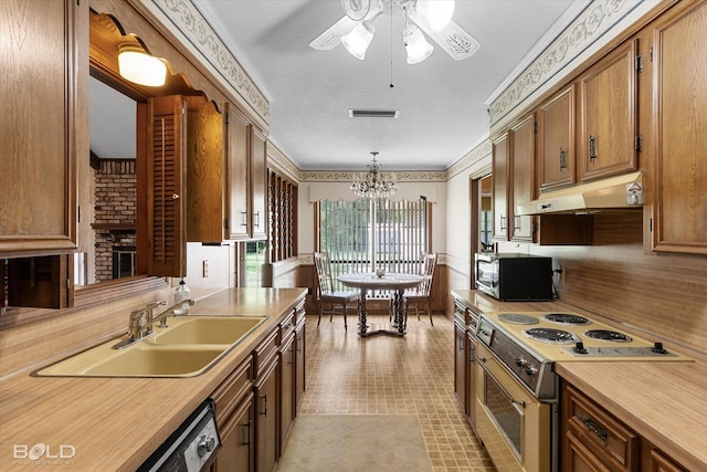6307 Bocage Dr, Shreveport, LA 71119 - kitchen with under cabinet range hood, dishwasher, a sink, brown cabinets, and electric range oven