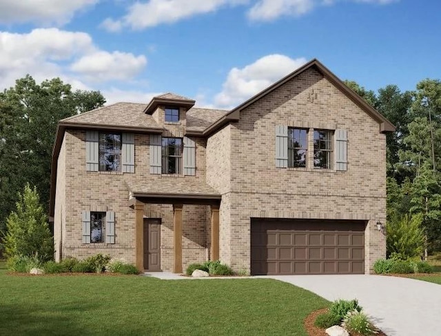 view of front of property with a garage, brick siding, a front yard, and driveway