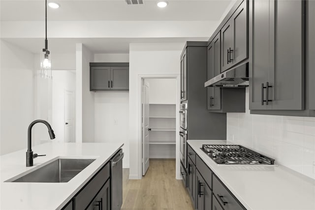 1905 Bobbin Ml, Forney, TX 75126 - kitchen with under cabinet range hood, a sink, appliances with stainless steel finishes, light wood-type flooring, and recessed lighting