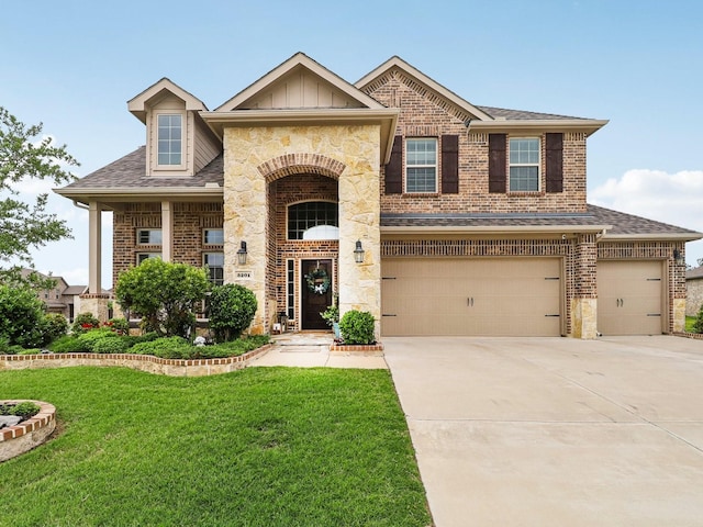3201 Permian Dr, Forney, TX 75126 - view of front of property with brick siding, a garage, a front lawn, and driveway