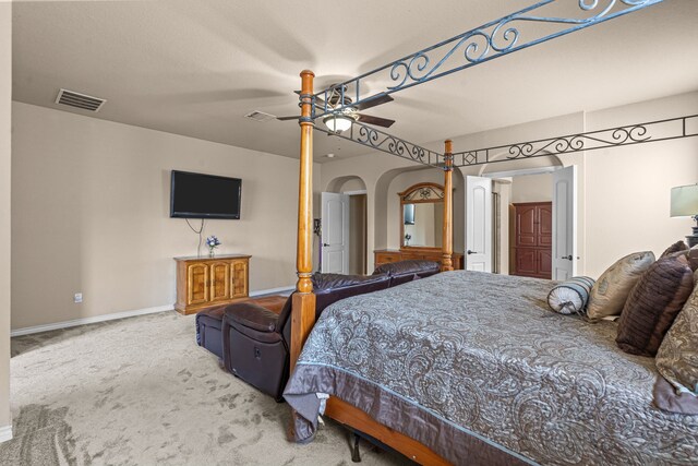 1321 Spanish Needle Trl, Fort Worth, TX 76177 - carpeted bedroom with visible vents, baseboards, a ceiling fan, and arched walkways