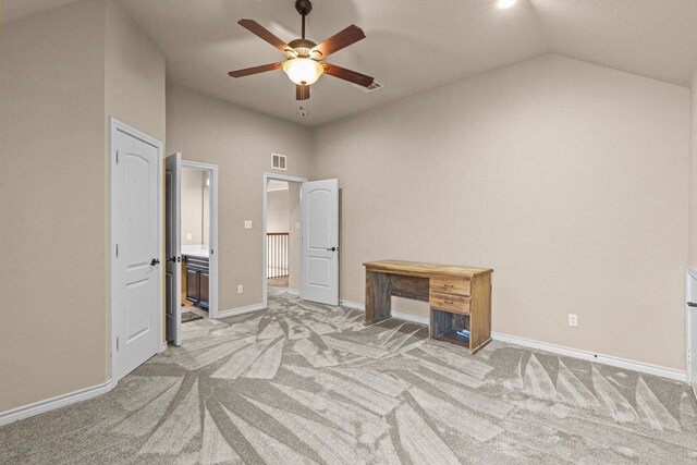 1321 Spanish Needle Trl, Fort Worth, TX 76177 - unfurnished bedroom featuring ceiling fan, light colored carpet, visible vents, vaulted ceiling, and baseboards