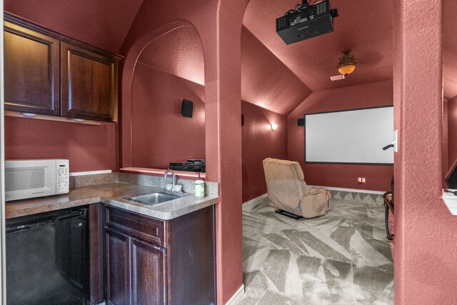 1321 Spanish Needle Trl, Fort Worth, TX 76177 - carpeted home theater room featuring a sink and vaulted ceiling