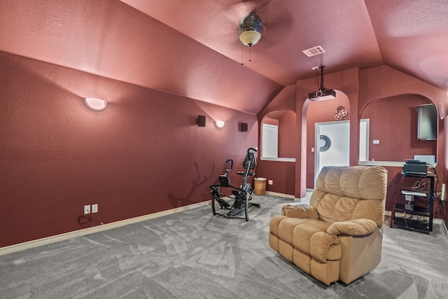 1321 Spanish Needle Trl, Fort Worth, TX 76177 - home theater with arched walkways, carpet flooring, visible vents, and vaulted ceiling