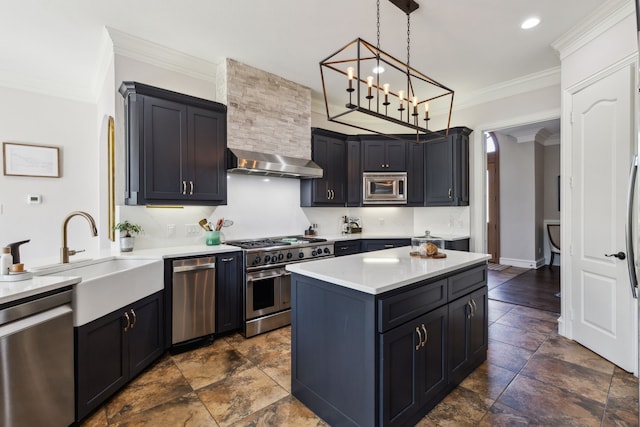 2413 Versailles Dr, Heath, TX 75032 - kitchen with stainless steel appliances, wall chimney range hood, a sink, ornamental molding, and light countertops