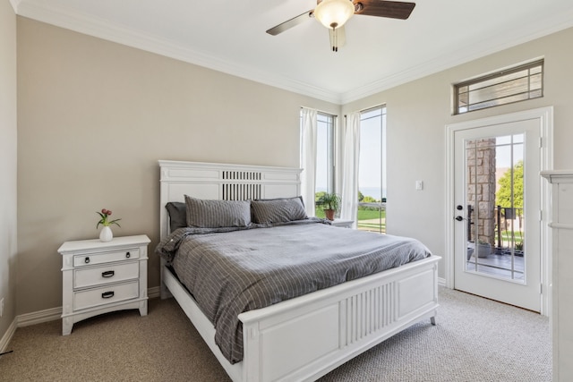 2413 Versailles Dr, Heath, TX 75032 - bedroom featuring access to exterior, light carpet, crown molding, baseboards, and ceiling fan