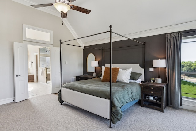 2413 Versailles Dr, Heath, TX 75032 - carpeted bedroom featuring crown molding, high vaulted ceiling, ceiling fan, and baseboards