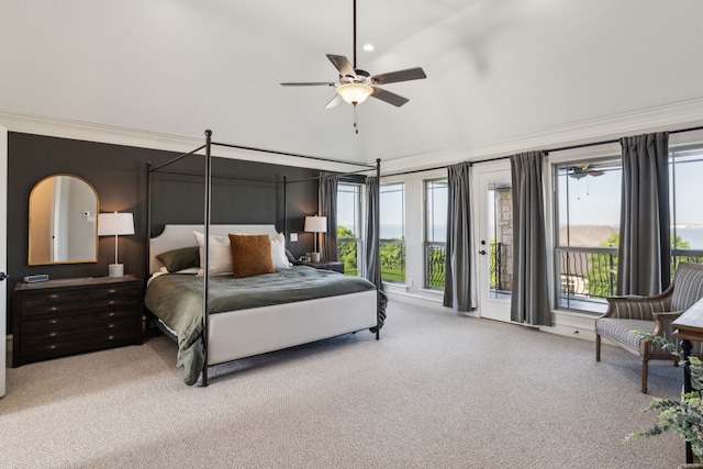 2413 Versailles Dr, Heath, TX 75032 - bedroom with carpet, access to outside, high vaulted ceiling, ornamental molding, and a ceiling fan