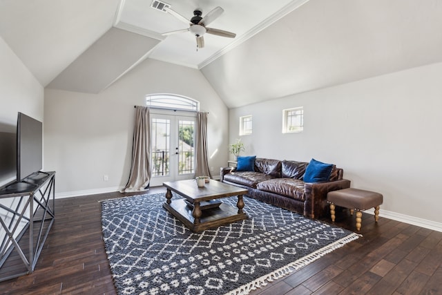 2413 Versailles Dr, Heath, TX 75032 - living area featuring ceiling fan, hardwood / wood-style flooring, baseboards, french doors, and vaulted ceiling