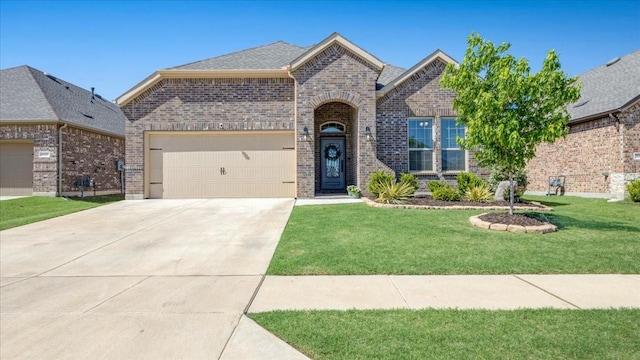 french provincial home featuring brick siding, an attached garage, driveway, and a front lawn