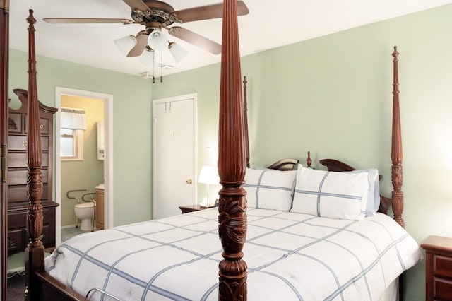 bedroom featuring ensuite bathroom and ceiling fan