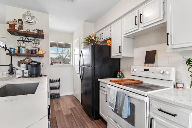 kitchen with tasteful backsplash, white cabinetry, open shelves, white electric range, and wood finished floors