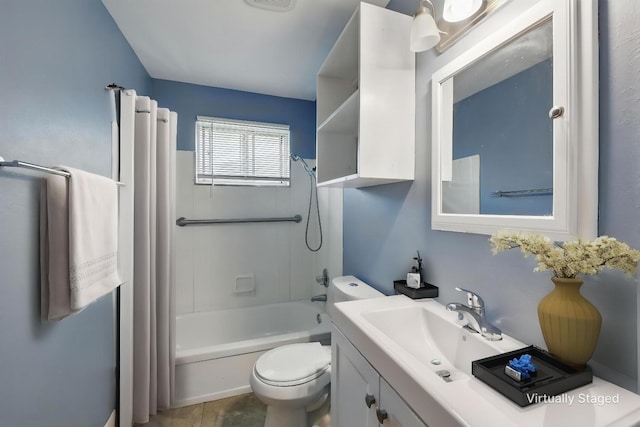 bathroom with toilet, shower / tub combination, and vanity
