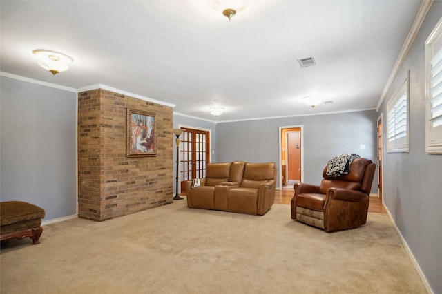 2833 S Country Club Rd, Garland, TX 75043 - carpeted living room featuring ornamental molding, french doors, baseboards, and visible vents