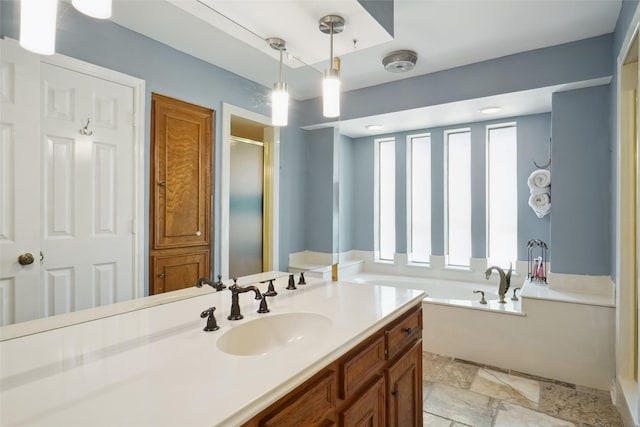 2833 S Country Club Rd, Garland, TX 75043 - bathroom with a stall shower, stone finish floor, vanity, and a garden tub