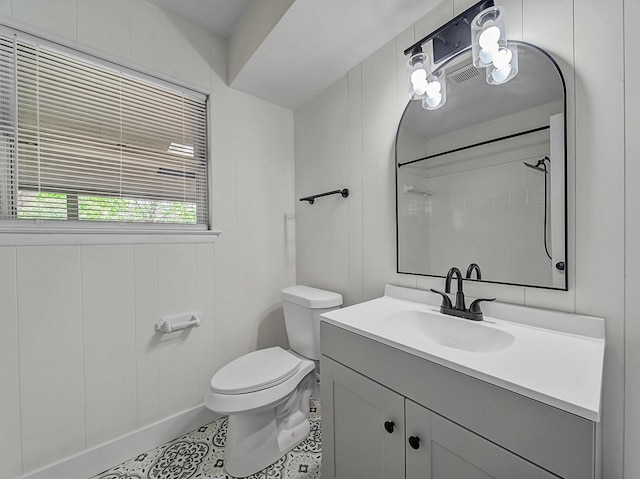full bathroom with vanity, visible vents, walk in shower, and toilet