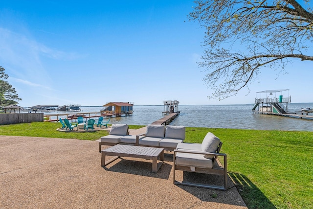 view of patio featuring a boat dock and a water view