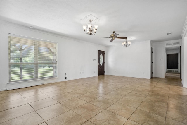 unfurnished room with light tile patterned floors, visible vents, ceiling fan with notable chandelier, and ornamental molding