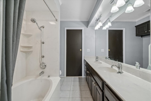 full bathroom with shower / tub combo, crown molding, a sink, and tile patterned floors