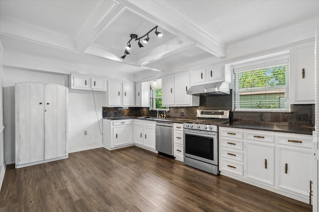 kitchen featuring white cabinetry, dark countertops, under cabinet range hood, dark wood-type flooring, and appliances with stainless steel finishes