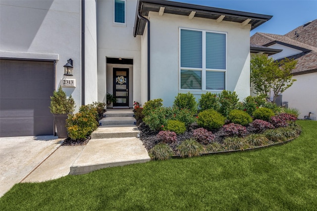 2313 Sandlin Dr, Fort Worth, TX 76008 - doorway to property with stucco siding, visible vents, and a lawn