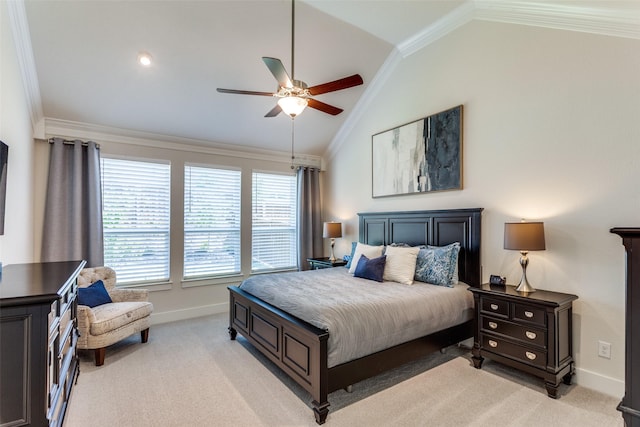 2313 Sandlin Dr, Fort Worth, TX 76008 - bedroom featuring ornamental molding, baseboards, vaulted ceiling, and light carpet